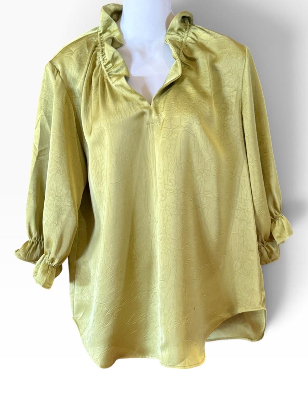 Lior  Silky Sage Green Ruffle-Neck Women's Small 3/4 Sleeve Top
